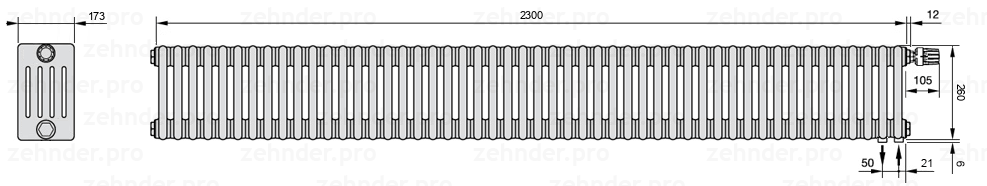 Схема (чертеж) Радиатор Zehnder Charleston 5026/50 №V002 Белый глянцевый RAL 9016